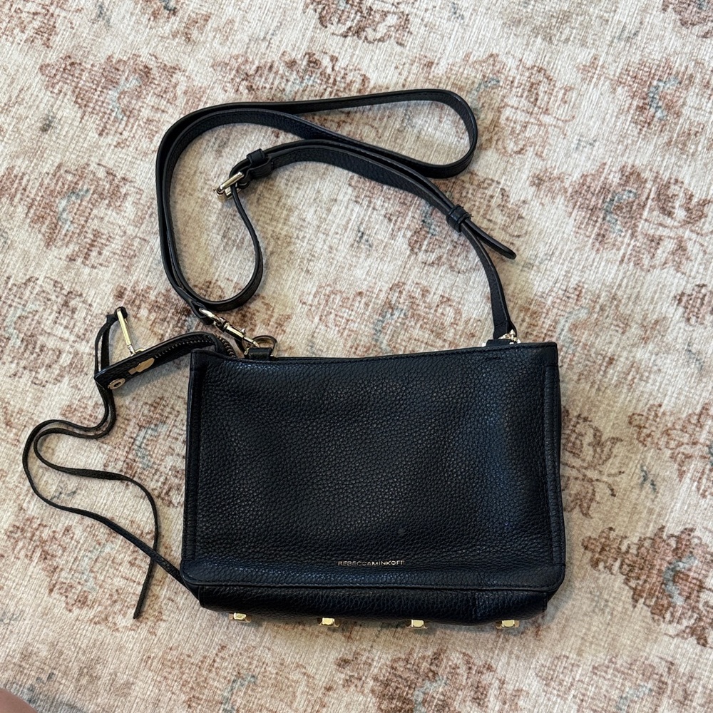 Rebecca Minkoff Black Leather Crossbody Bag with Gold Studs